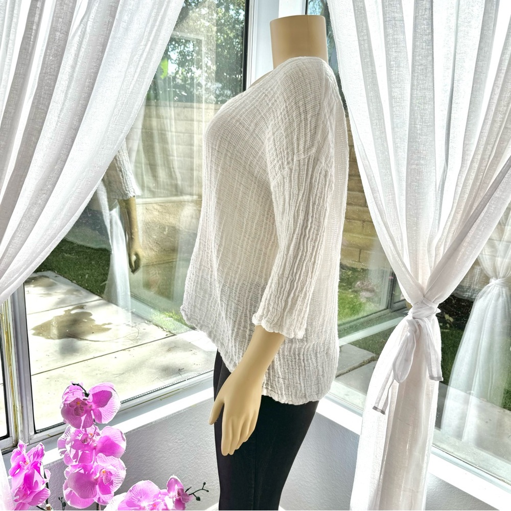 Catwalk Studio Womens White Linen Shirt Relaxed High Low 3/4 Sleeve Crinkle Top - Picture 2 of 5